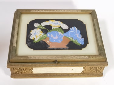 Vintage Painted Floral Inlay Wooden Jewelry Box