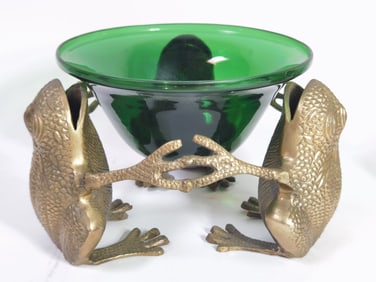Vintage Solid Brass Frog Stand with Green Glass Bo