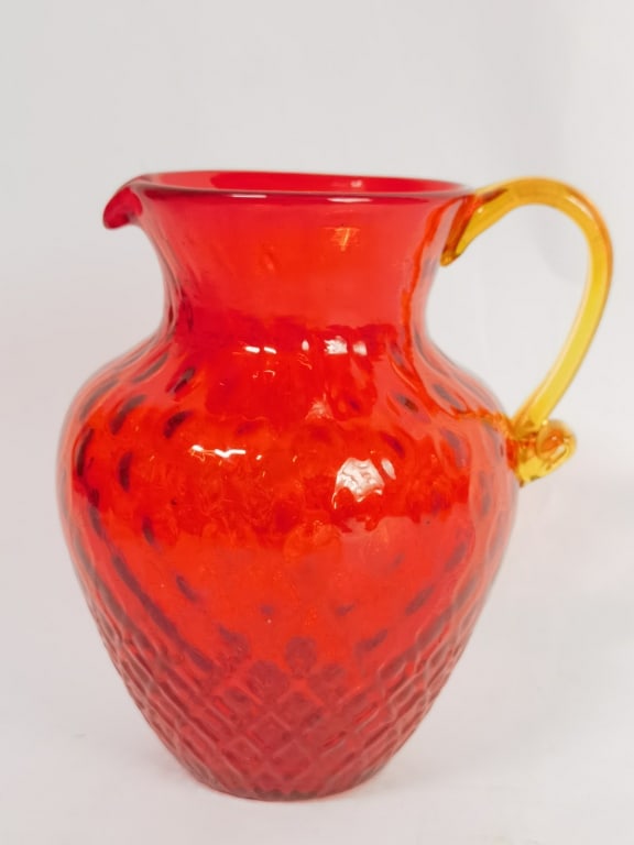 Vintage Pilgrim Glass Red Dimpled Glass Pitcher: Vintage Pilgrim Glass Red Dimpled Glass Pitcher, 6.5in