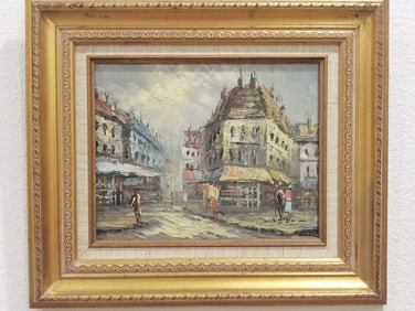 Vintage French Street Scene Oil Painting, Signed