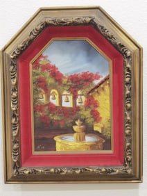 Vintage Courtyard Oil Painting, Signed Lie