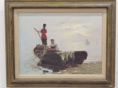 Seaside Fisherman Oil Painting, Signed