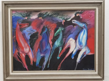 Vintage Abstract Horse Oil Painting, Signed Elaine
