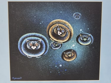 Vintage Surrealist Cat Watercolor Painting, Signed
