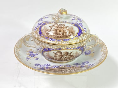 Antique Dresden French Gilt Painted Cherub Ecuelle