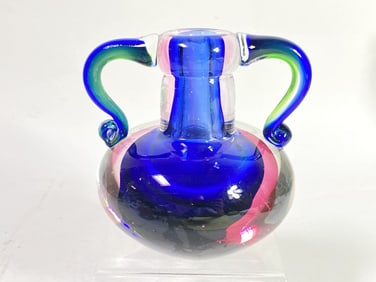 Vintage Murano Italy Sommerso Glass Handled Vase