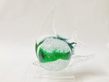 Vintage Murano Italy Green and White Splatter Fish