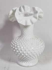 Vintage Fenton Ruffled Hobnail Milk Glass Vase