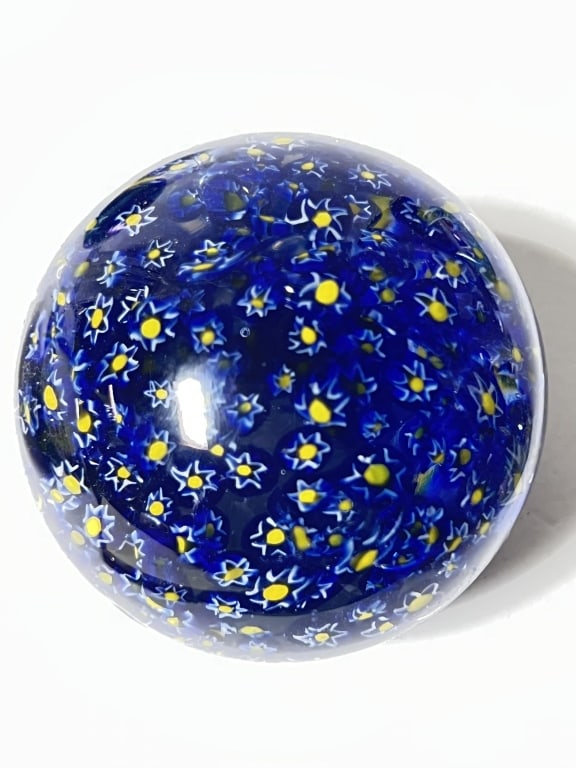 Vintage Murano Italy Blue Millefiori Glass Paperwe: Vintage Murano Italy Blue Millefiori Glass Paperweight, 2.75in by 3in