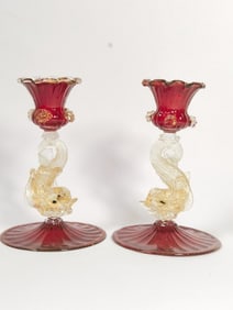 Pr. of Vintage Murano Italy Glitter Ruby Glass Cap