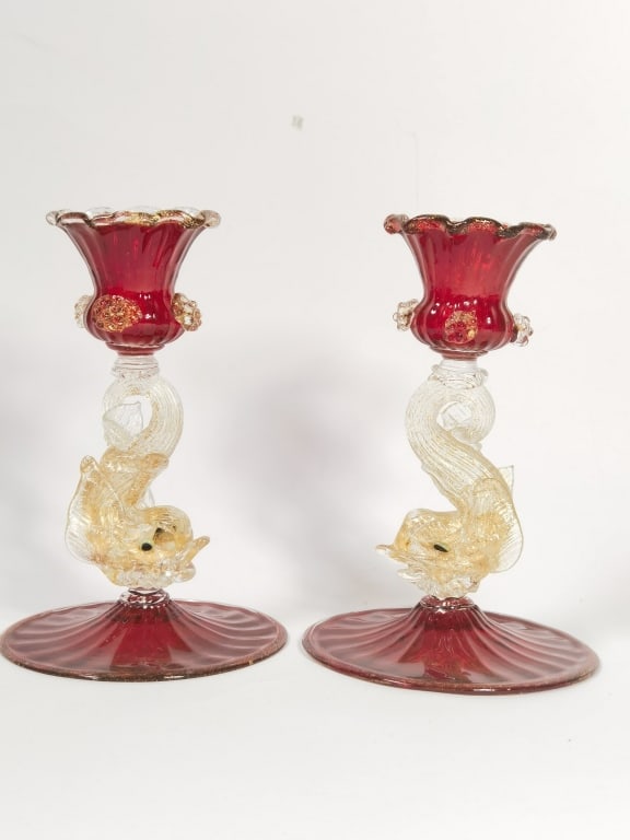 Pr. of Vintage Murano Italy Glitter Ruby Glass Cap
