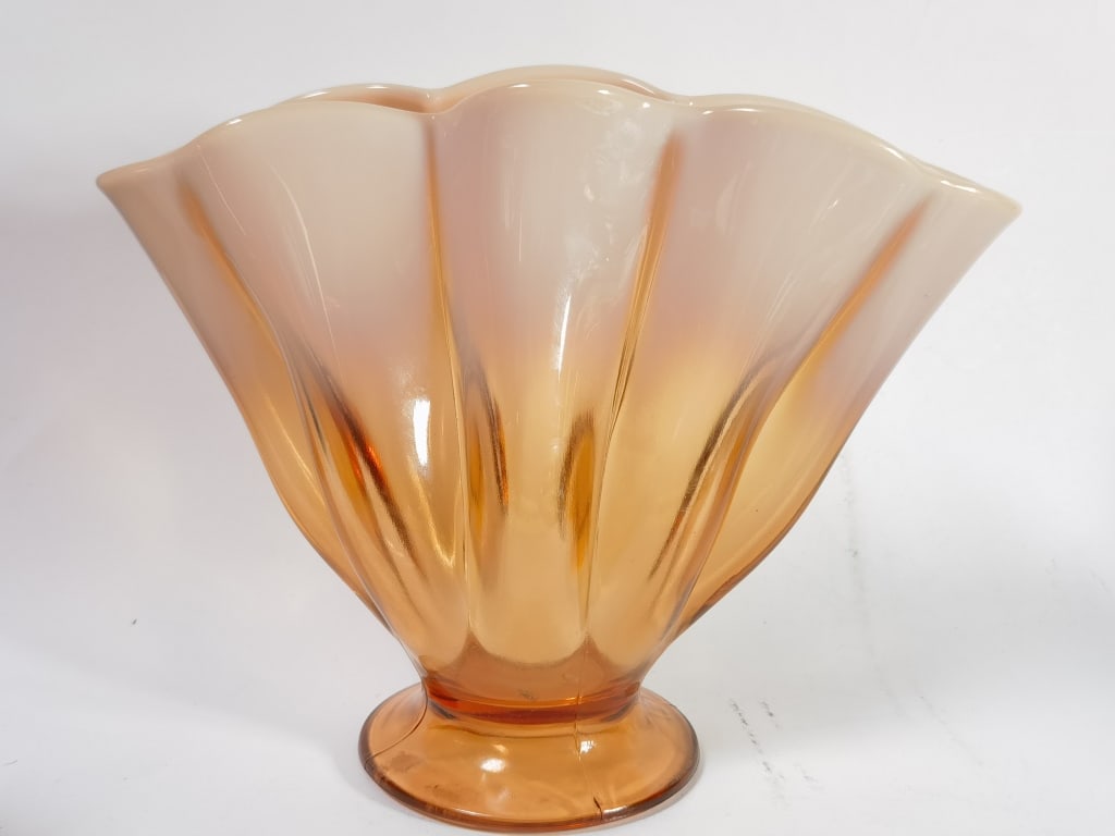 Vintage Fenton Opal Melon Ribbed Art Glass Vase: Vintage Fenton Opal Melon Ribbed Art Glass Vase, 7.75in by 10in