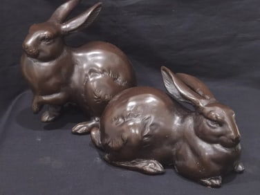 Pr. of Vintage Japanese Bronze Rabbit Sculptures