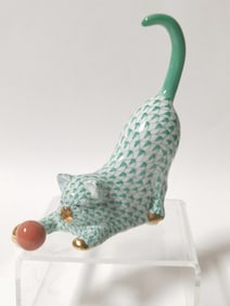 Herend Hungary Porcelain Green Cat Figurine