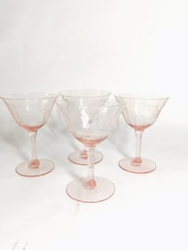 (4) Pink Etched Wine Glasses