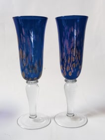 Pr. of Murano Italy Glitter Cobalt Blue Wine Glass