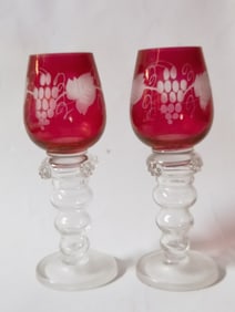 Pr. of Ruby Red Cut-to-Clear Wine Glasses