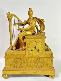 18th C. French Gilt Bronze Harp Player Mantle Cloc