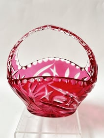 Vintage Bohemian Cranberry Cut-to-Clear Glass Bask