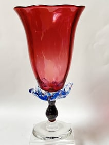 Vintage Red, Blue, and Black Art Glass Pedestal Va