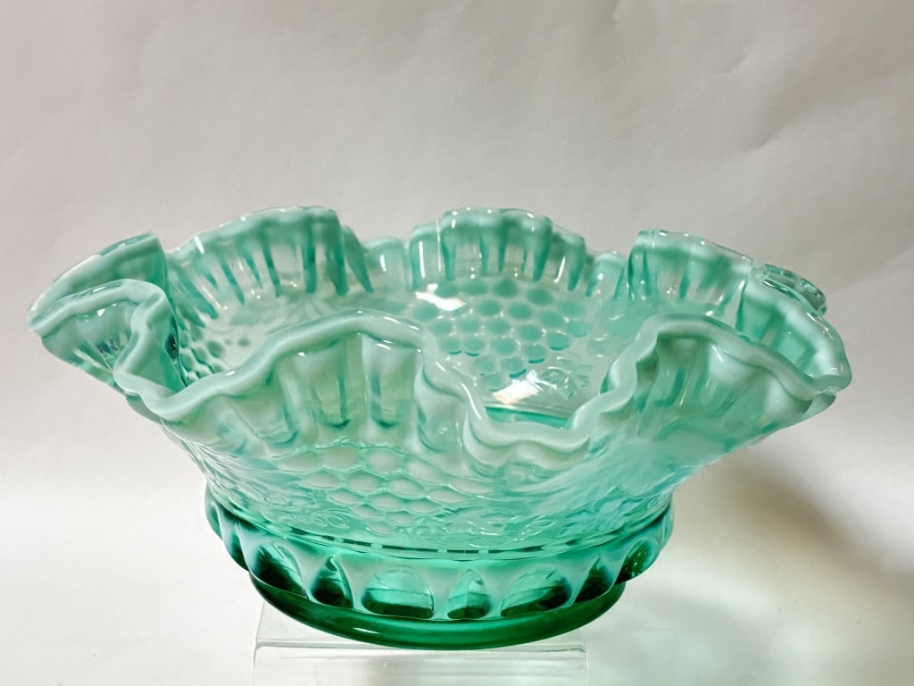 Vintage Fenton Aqua Glass Autumn Acorn Bowl: Vintage Fenton Aqua Glass Autumn Acorn Bowl, 4.5in by 10.5in