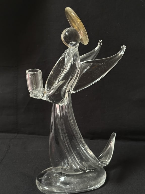 Vintage Murano Italy Glitter Clear Glass Angel Can: Vintage Murano Italy Glitter Clear Glass Angel Candlestick, 9.25in