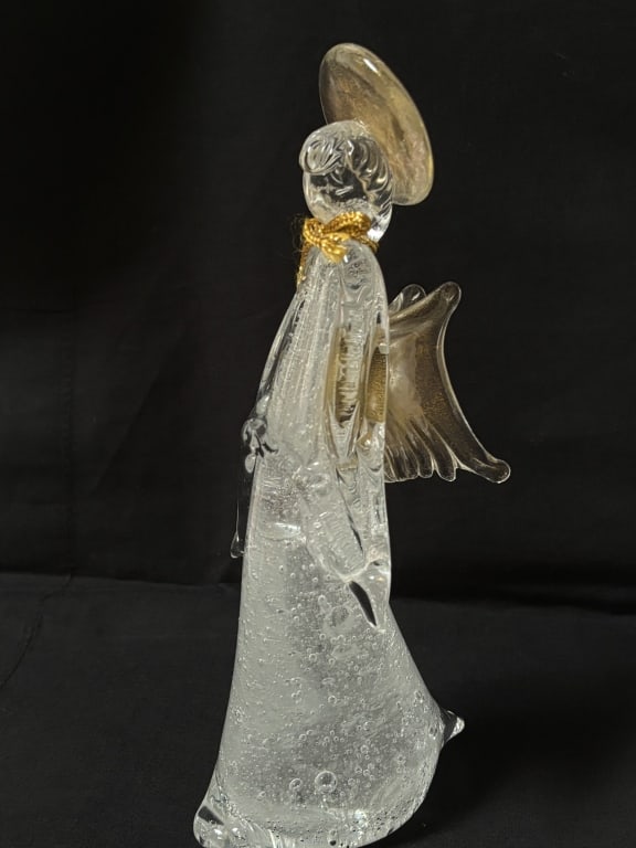 Vintage Murano Italy Glitter Clear Glass Angel: Vintage Murano Italy Glitter Clear Glass Angel, 9.5in