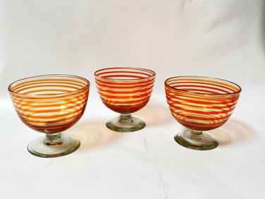 (3) Vintage Orange Spiral Art Glass Dessert Bowls