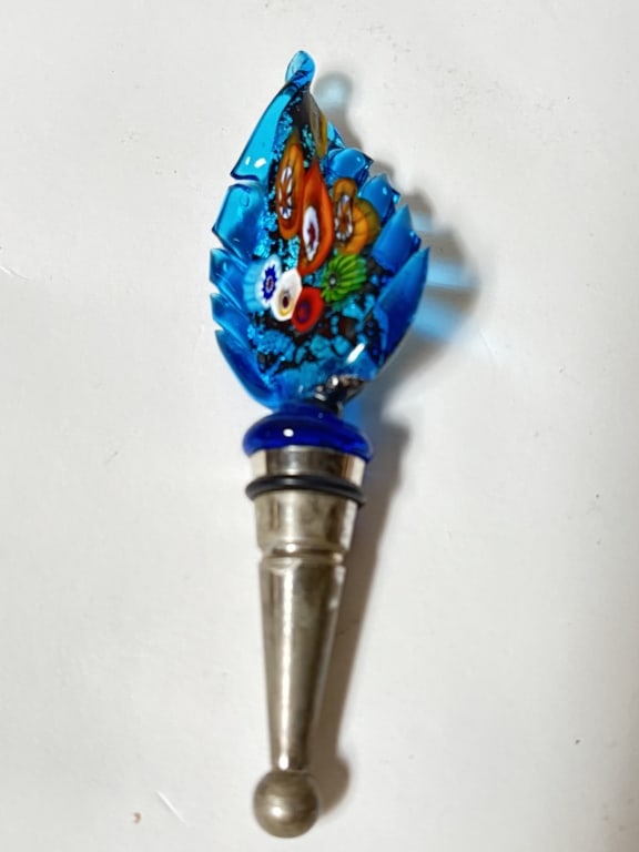 Vintage Murano Italy Millefiori Blue Glass Stopper: Vintage Murano Italy Millefiori Blue Glass Stopper, 5.25in
