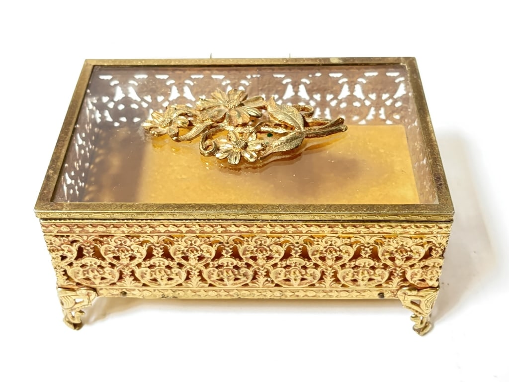 Vintage Brass and Glass Jewelry Box: Vintage Brass and Glass Jewelry Box, 3.25in by 6.25in by 4.25in