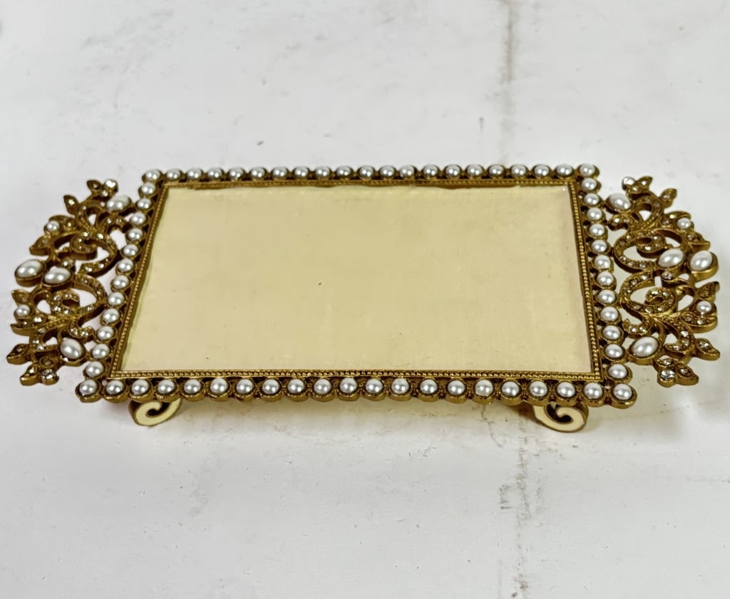 Vintage Faux Pearl Overlaid Metal Trinket Tray: Vintage Faux Pearl Overlaid Metal Trinket Tray, 1.25in by 8in by 4in