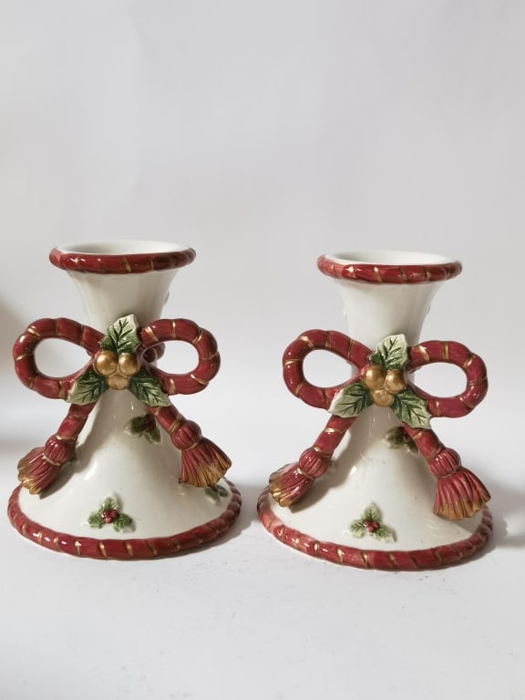 Pr. of 1994 Fitz & Floyd Porcelain Candlesticks: Pr. of 1994 Fitz & Floyd Porcelain Candlesticks, 5.25in