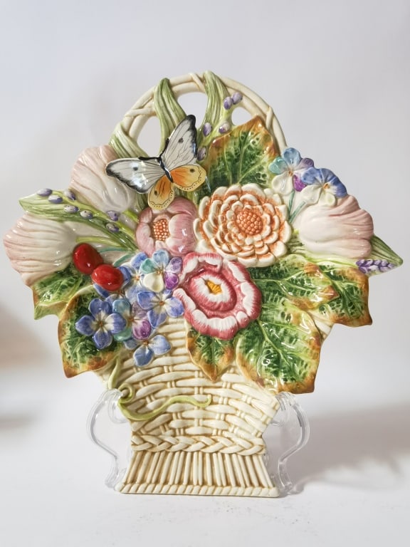 Vintage Fitz & Floyd Porcelain Flower Basket Plate: Vintage Fitz & Floyd Porcelain Flower Basket Plate, 11.5in