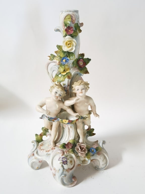 Vintage Porcelain Cherub Floral Candlestick: Vintage Porcelain Cherub Floral Candlestick, 11.5in