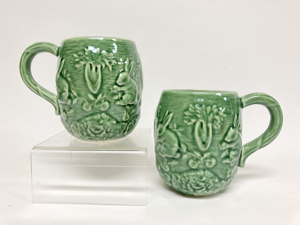 Pr. of Bordallo Pinheiro Porcelain Rabbit Green Mu: Pr. of Bordallo Pinheiro Porcelain Rabbit Green Mugs, 3 7/8in