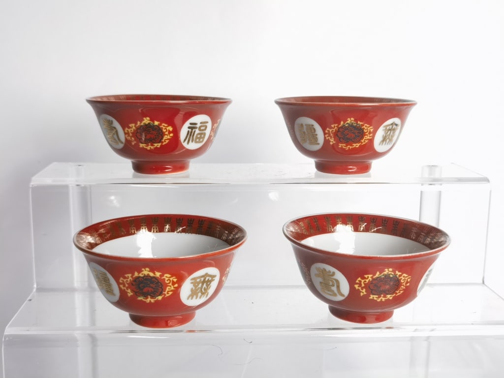 (4) Vintage Porcelain Gilt Iron Red Tea Cups, Taiw: (4) Vintage Porcelain Gilt Iron Red Tea Cups, Taiwan, 2in by 3.5in
