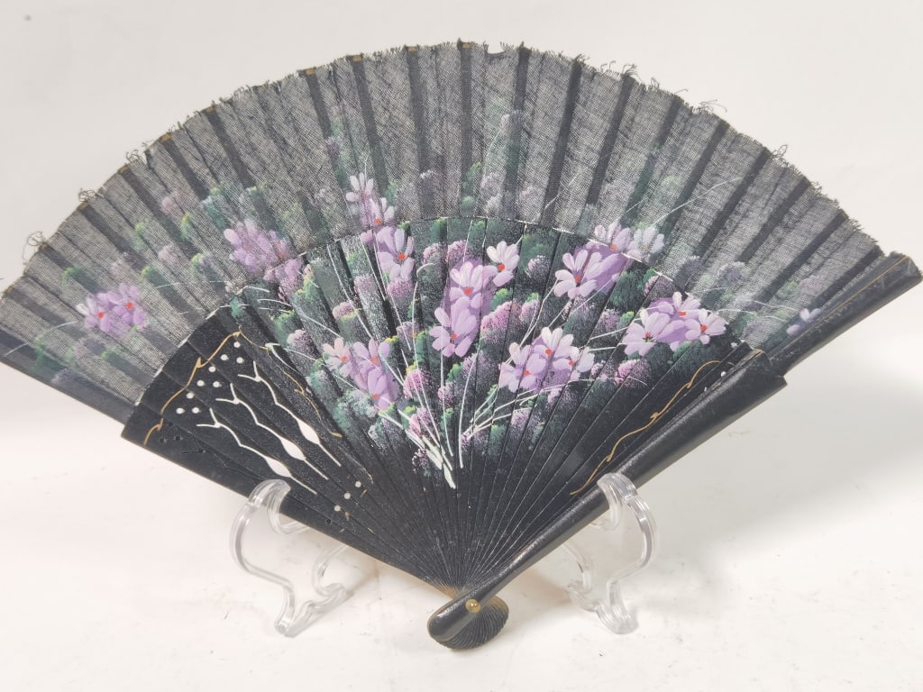 Vintage Black Fabric Fan: Vintage Black Fabric Fan, 9in