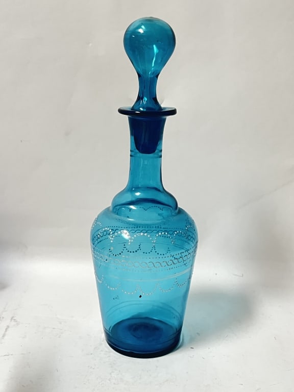Vintage Fenton Hand Painted Blue Glass Decanter: Vintage Fenton Hand Painted Blue Glass Decanter, 9.5in