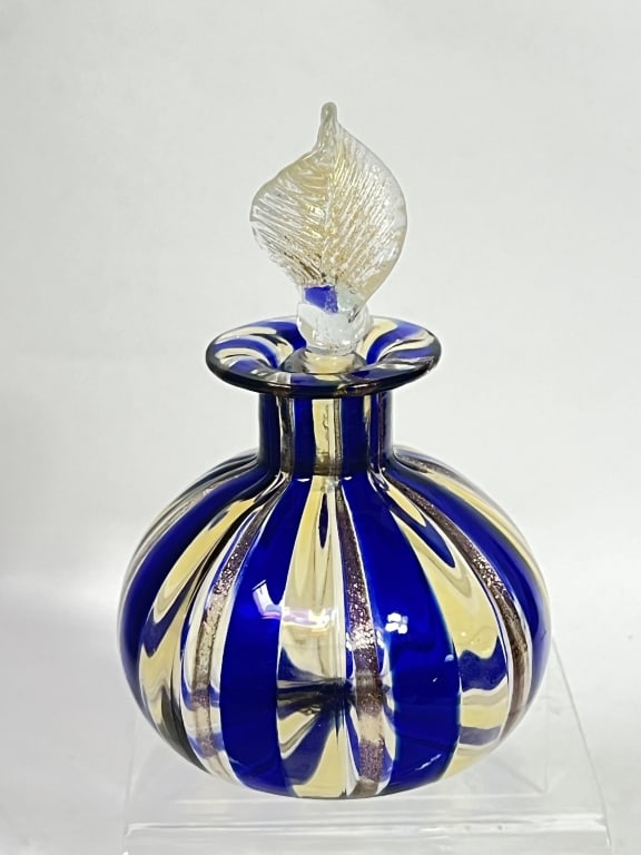 Vintage Murano Italy Blue/Glitter Glass Perfume Bo: Vintage Murano Italy Blue/Glitter Glass Perfume Bottle, 4.75in