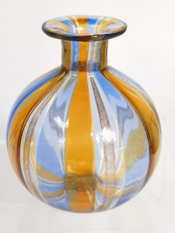 Vintage Murano Italy Glitter Blue/Amber Glass Vase: Vintage Murano Italy Glitter Blue/Amber Glass Vase, 3.25in