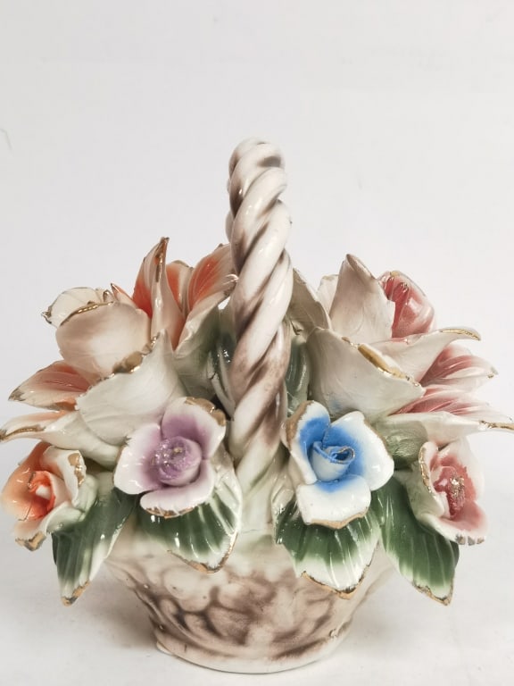 Vintage Italian Porcelain Flower Basket: Vintage Italian Porcelain Flower Basket, 7in
