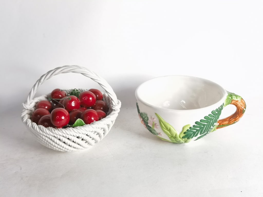 Vintage Ceramic Majolica Cherry Basket and Tea Cup: Vintage Ceramic Majolica Cherry Basket and Tea Cup, 5.5in & 6.5in, Basket Handle Repaired