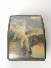 Vintage Cherub Brass Frame Glass Jewelry Box