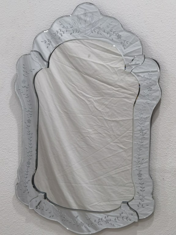 Vintage Venetian Etched Glass Mirror: Vintage Venetian Etched Glass Mirror, 30.5in by 20in