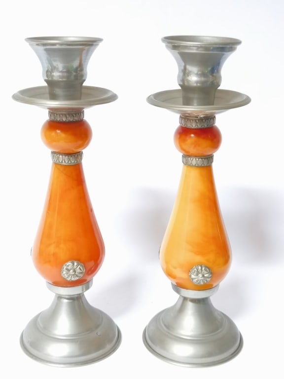 Pr. of Vintage Moroccan Orange Decor Candlesticks: Pr. of Vintage Moroccan Orange Decor Candlesticks, 8.5in