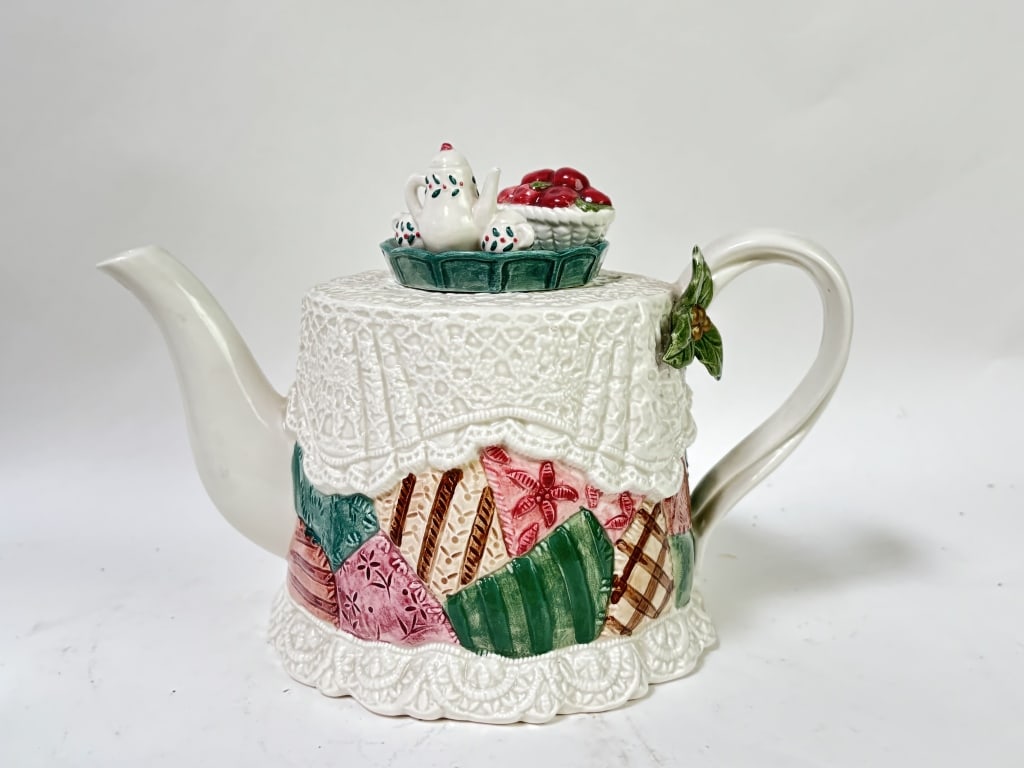1992 Fitz & Floyd Porcelain Tea Table Teapot: 1992 Fitz & Floyd Porcelain Tea Table Teapot, 7in by 10in