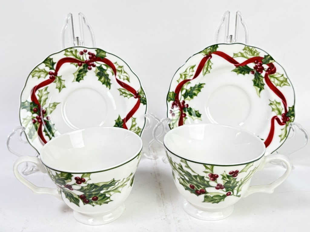 Pr. of 1998 Charter Club Winter Garland Porcelain: Pr. of 1998 Charter Club Winter Garland Porcelain Tea Cups, 3.25in by 6.75in