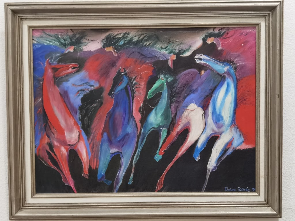 Vintage Abstract Horse Oil Painting, Signed Elaine: Vintage Abstract Horse Oil Painting, Signed Elaine Bovee, 23in by 29.25in