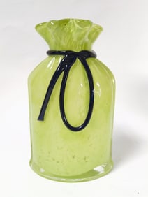 Vintage Green Art Glass Ruffled Pouch Vase