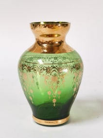 Vintage Bohemian Gilt Emerald Glass Vase